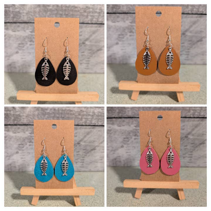 Fish Bones Charm Leather Earrings for wholesale by Tiger Mountain Leatherworks