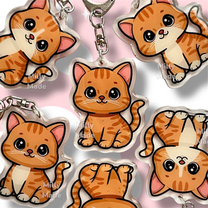 Orange Shorthaired Tabby Cat Acrylic Keychain with Epoxy Resin | Easy-Clip, Cute Cat Cartoon, Hand-Drawn Design, Cat Lover Gift for wholesale by Milly Made Designs