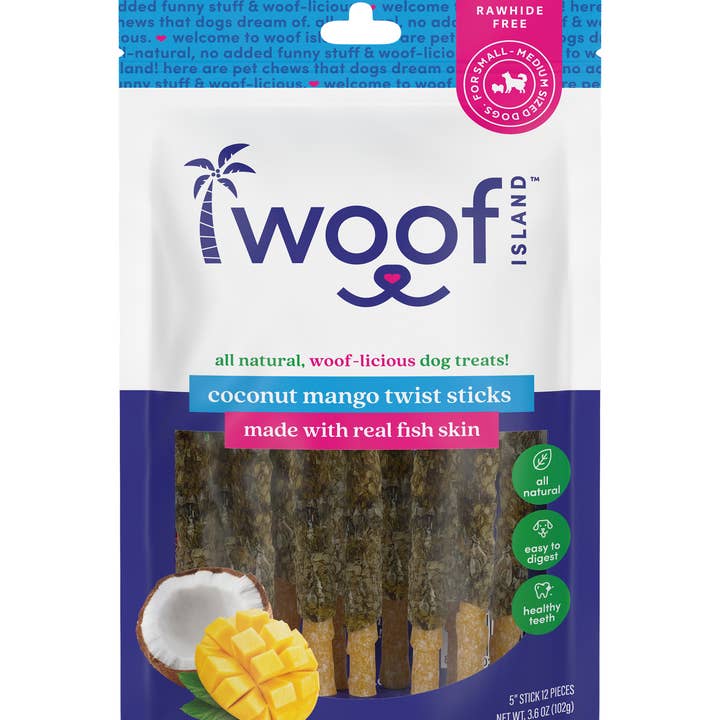 Coconut Twist Sticks with Real Mango and Fish Skin for wholesale by Woof Island