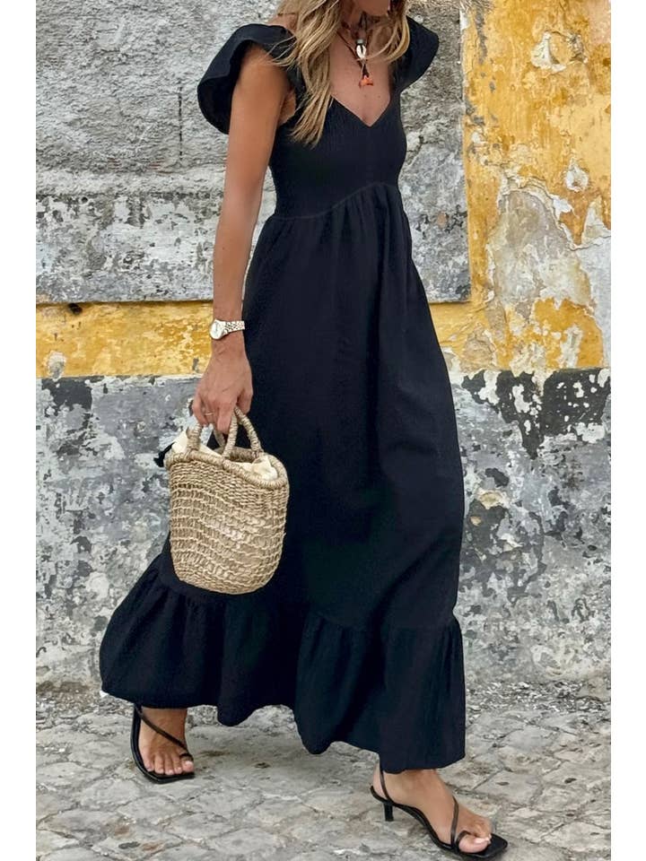 1 the Woman - Wholesale Dress - Women's - V Neck Flutter Sleeve Smocked Bodice Ruffle Maxi Dress