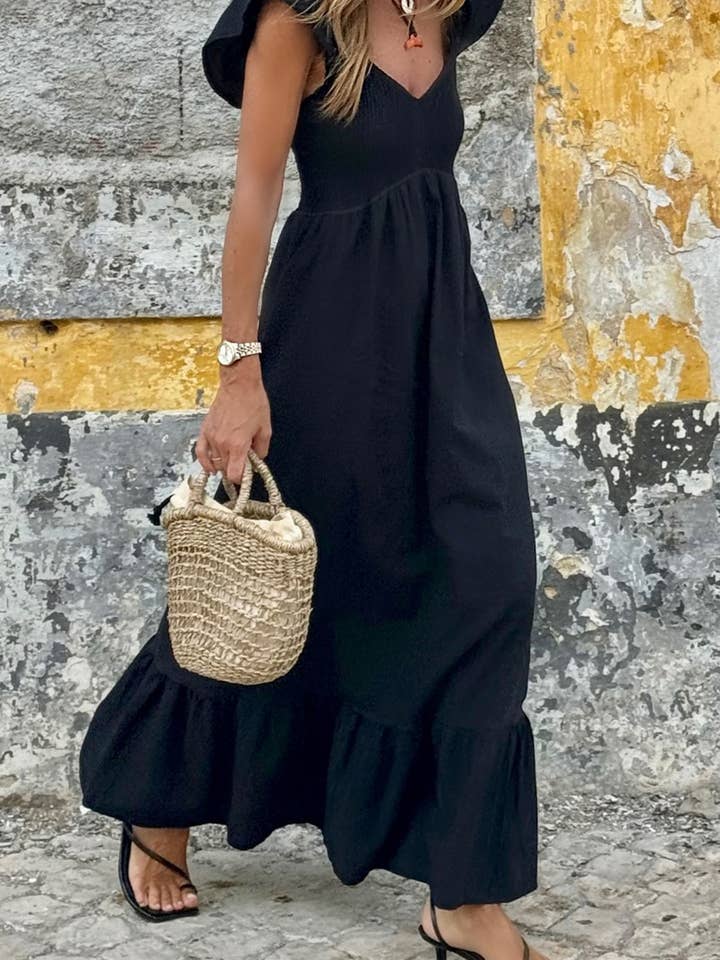 V Neck Flutter Sleeve Smocked Bodice Ruffle Maxi Dress for wholesale by 1 the Woman