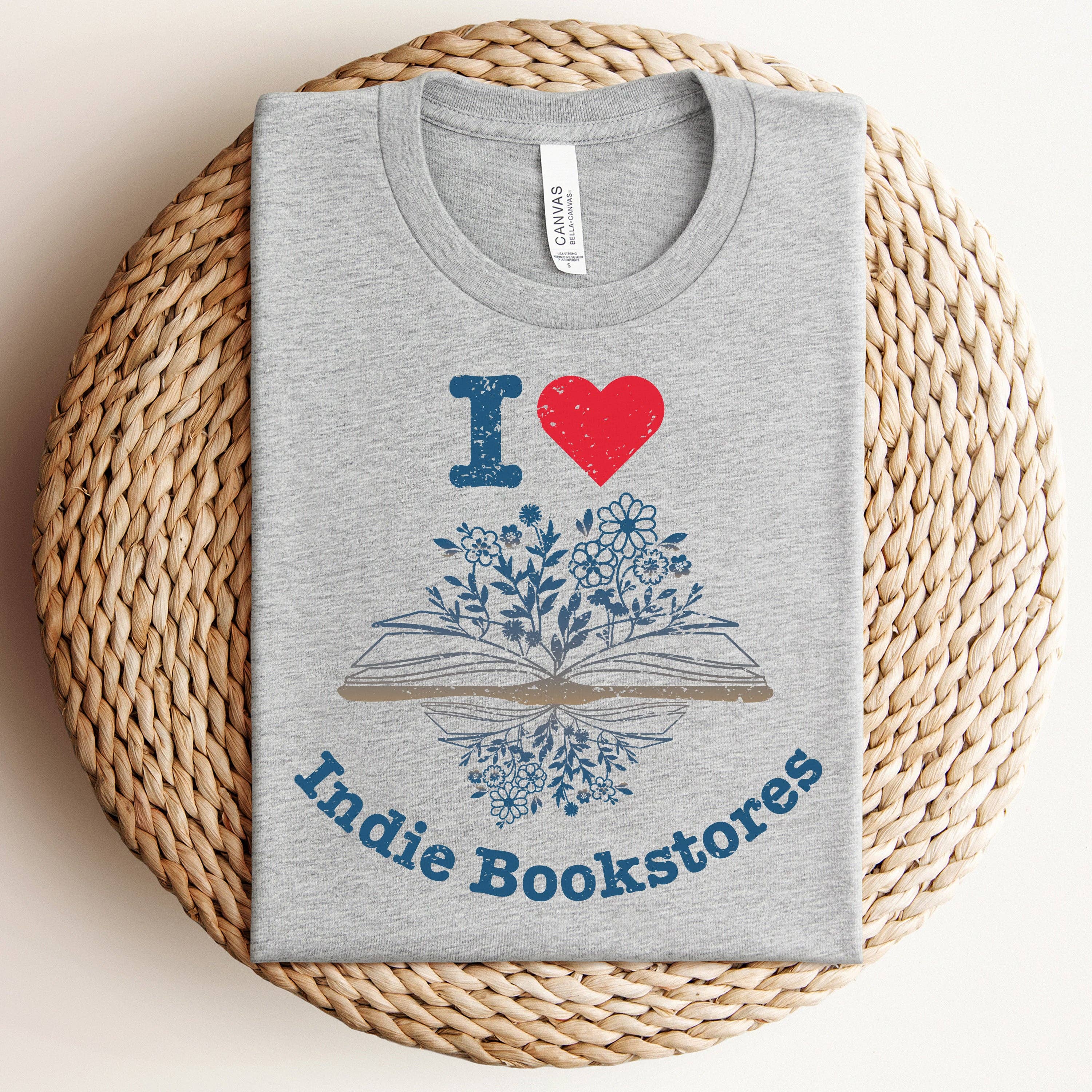 The Obstinate Octopus - Wholesale Screen Printed T-Shirt - Unisex - "I Love Indie Bookstores" Floral Tee3