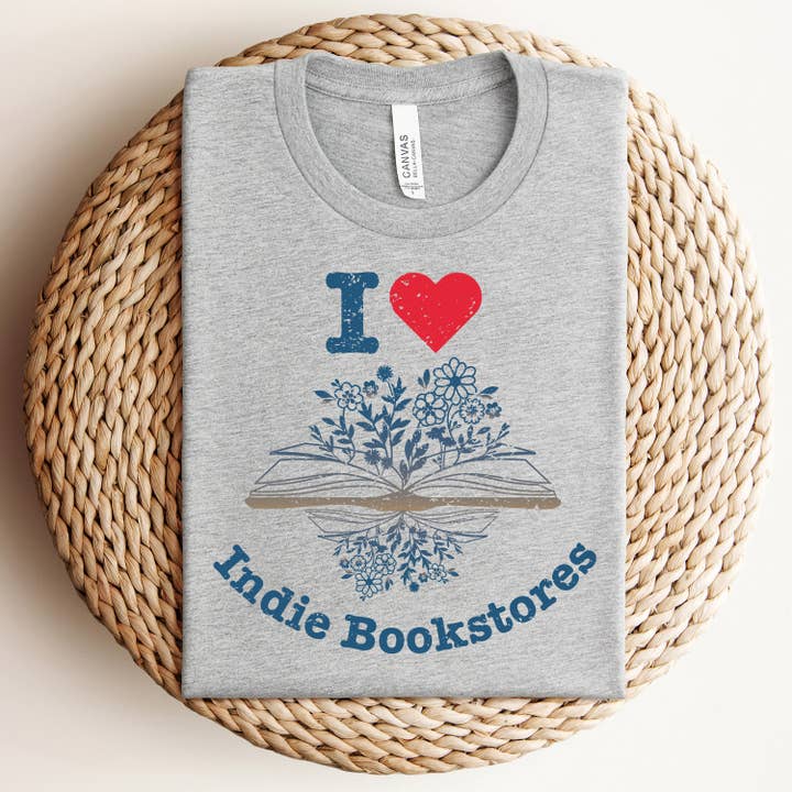 The Obstinate Octopus - Wholesale Screen Printed T-Shirt - Unisex - "I Love Indie Bookstores" Floral Tee3