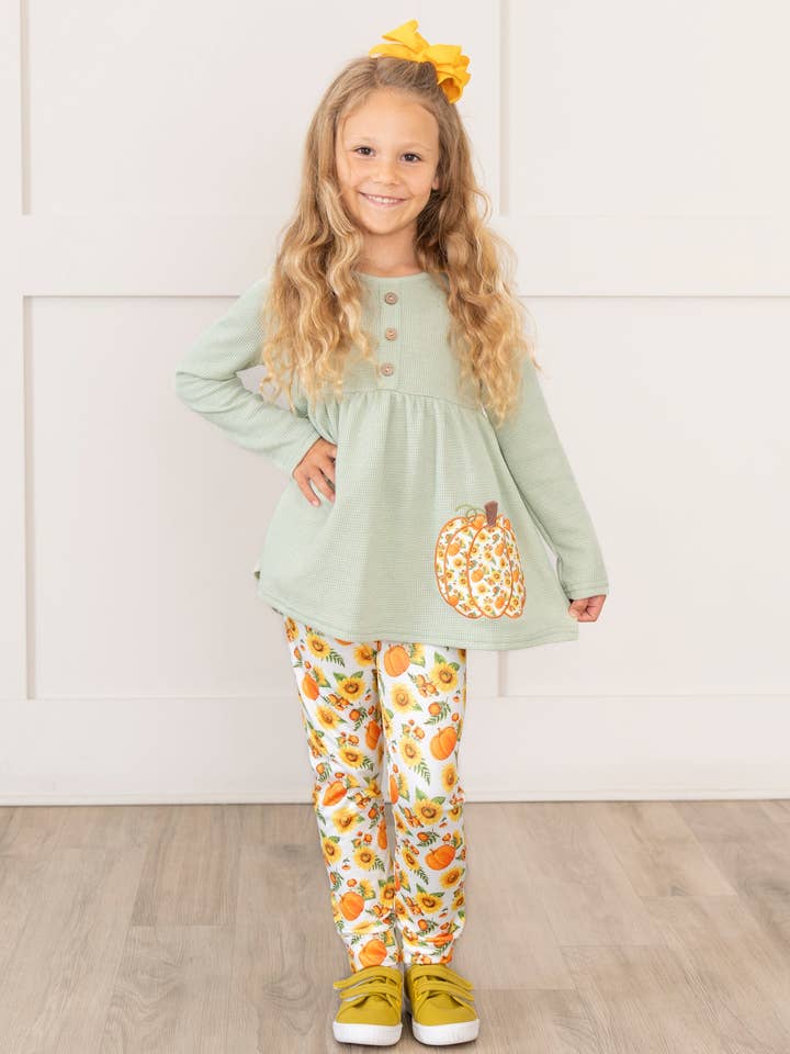 Marie Nicole Clothing - Wholesale Top & Leggings Set - Kids - Sage Floral Pumpkin Lace Ruffle Outfit1