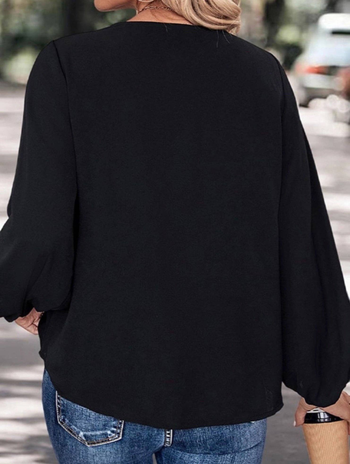 Black STYLISH LOOSE PATCHWORK V-NECK SHIRT for wholesale on Faire2