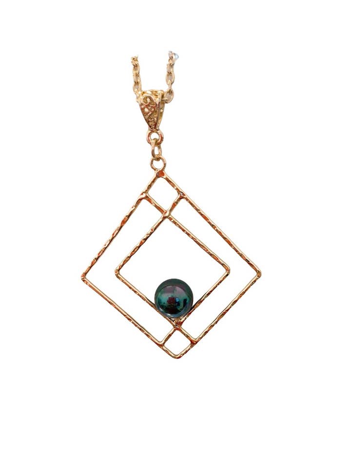 Diamond Shape Hamilton Gold Necklace with Peacock/ Rainbow Shell Pearls for wholesale by Anela's Jewelry