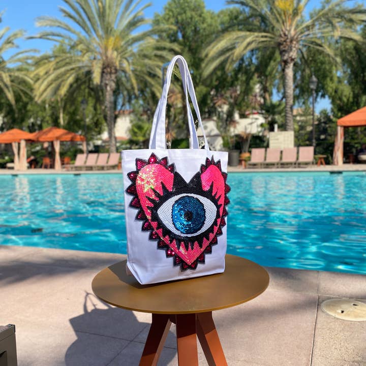 Karens Line - Wholesale Tote Bag - Women's - Evil Eye Canvas Tote Bags Pink Heart Sequins