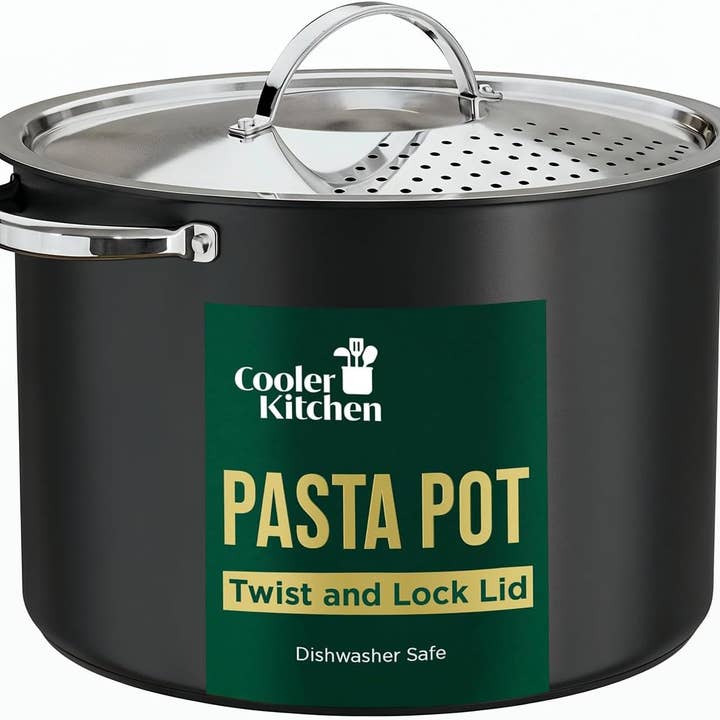 Stainless Steel Pasta Pot with Locking Strainer Lid for wholesale by Cooler Kitchen