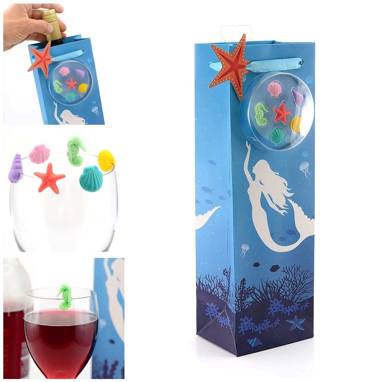 Wholesale Gifts Tomorrow - Wholesale Wine Gift Bag - Mermaid Wine Bottle Bag And Glass Marker Gift Set1