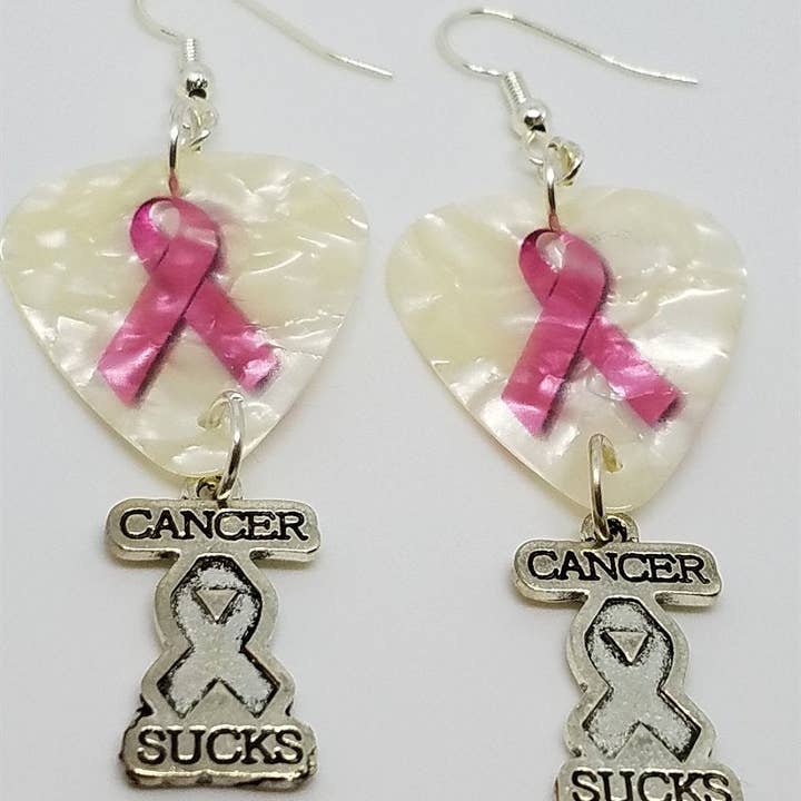 Simply Raevyn - Wholesale Dangle Earrings - Cancer Sucks Pink Ribbon Guitar Pick Earrings