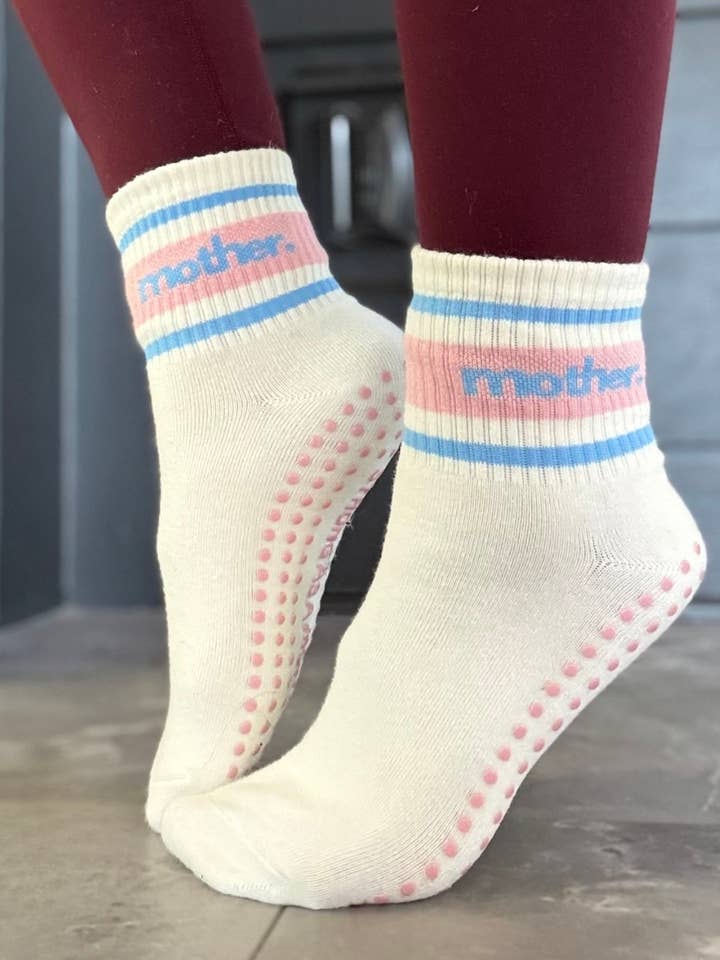 Blue Pink Throwback Half Crew Striped Grip Socks for wholesale on Faire