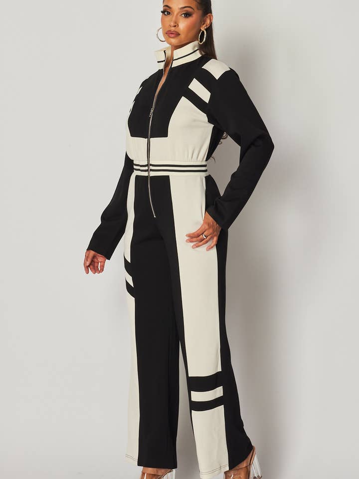 Black Just Fine Stripe Color Block Track Jumpsuit (HDR32861) for wholesale on Faire