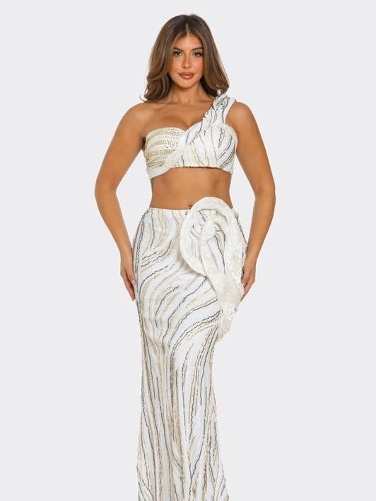 BTDQS63384 Conjunto de Vestido de Lentejuelas y Top Corto de Un Hombro 2 Piezas para venta al por mayor de BANJUL