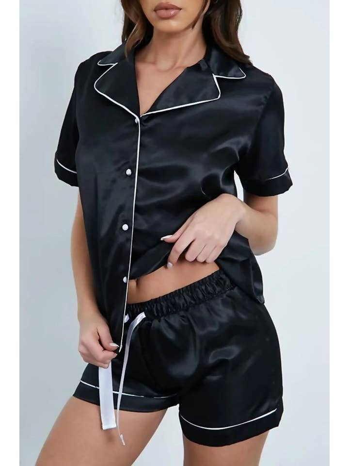 Femme Luxe - Wholesale Sleepwear set – Women's - Black Piped Satin Shorts Pyjama Set - Crystal