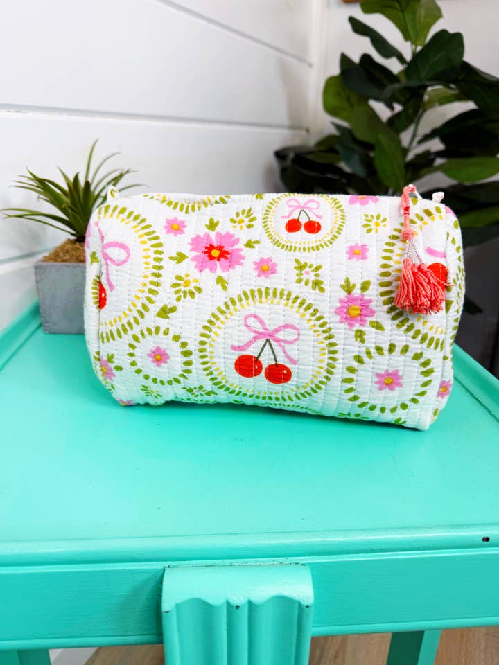 Quilted Makeup Bags | Cosmetics Bag | White Cherries & Bows for wholesale by Folklore Couture