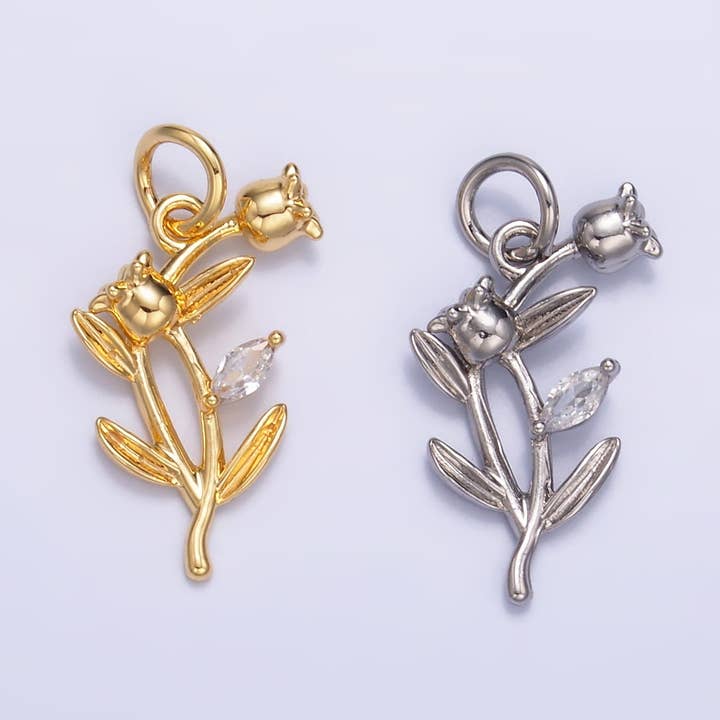 24K Gold Filled CZ Larkspur Flower Multidimensional 3D Charm in Gold & Silver | M177 for wholesale by Aim Eternal