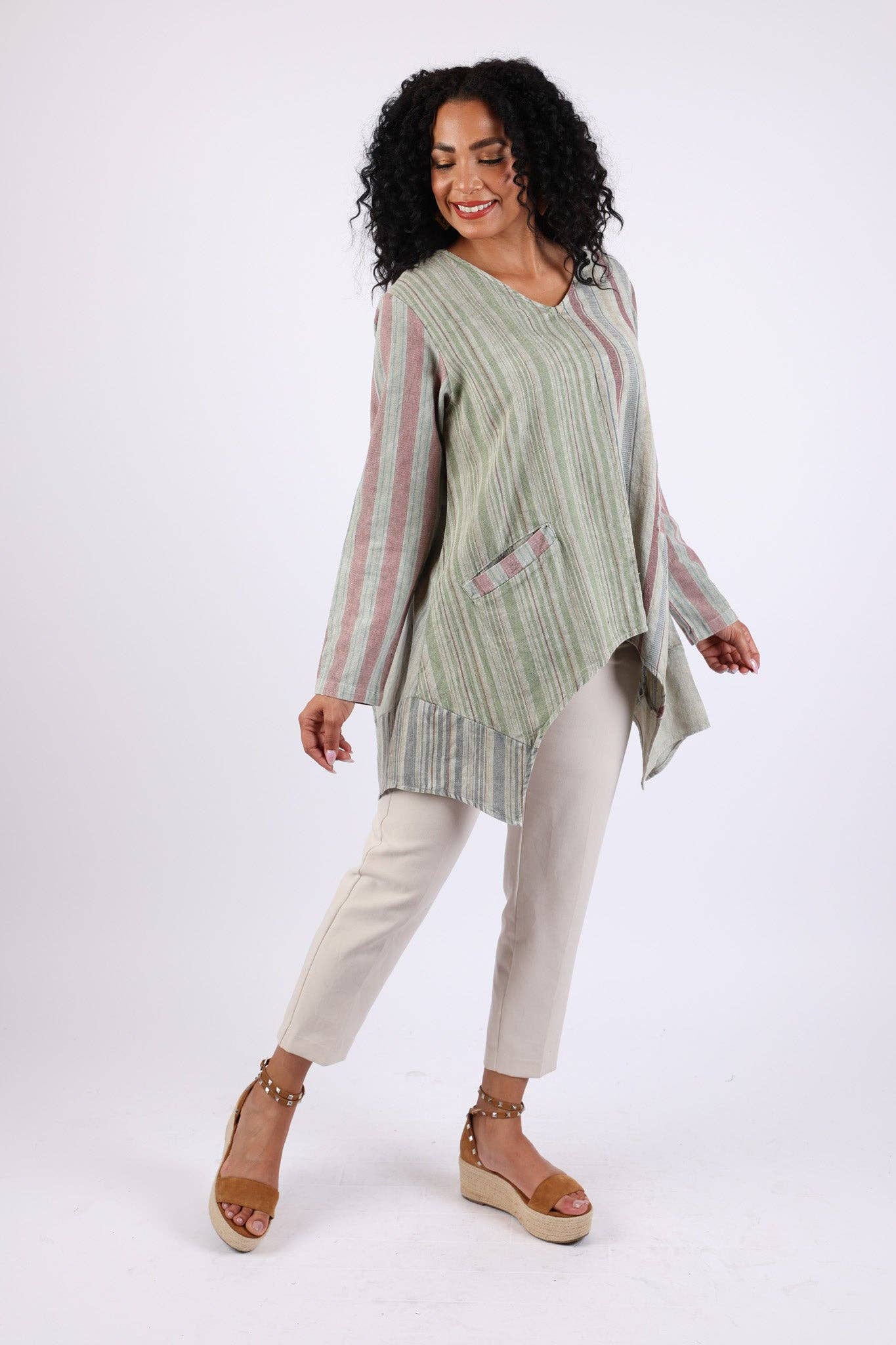 Sacred Threads - Venta al por mayor Túnica - Mujer - Túnica Patchwork: Verde Salvia con Rayas2