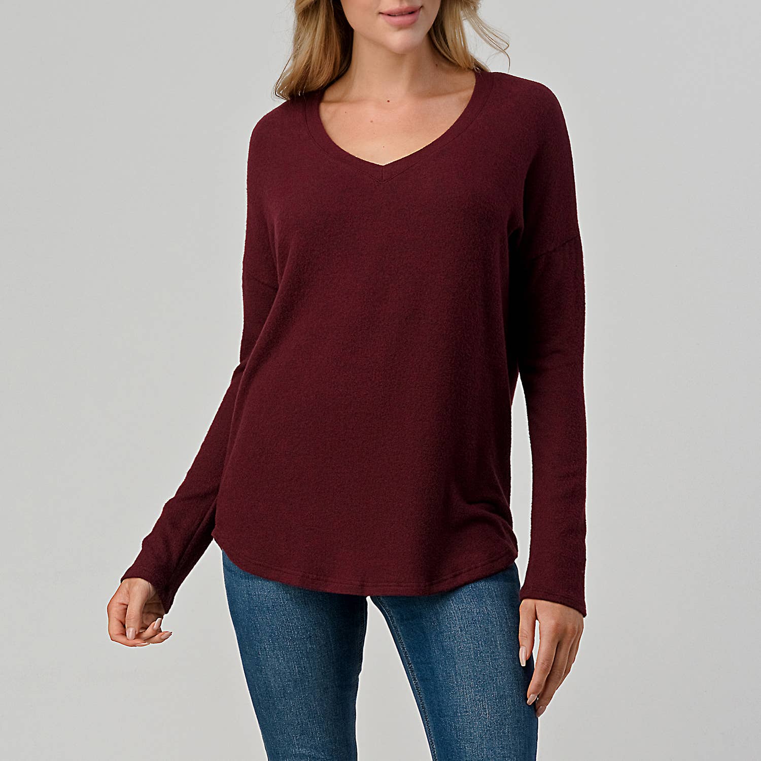 Heimious - Wholesale Knit Top - Women's - Long Sleeve V-neck Brushed Knit Top, 273864