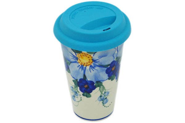 Polmedia Polish Pottery - Wholesale Coffee Mug - Travel Coffee Mug 6" Himalayan Blue Poppy Theme UNIKAT