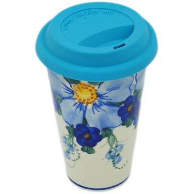 Polmedia Polish Pottery - Wholesale Coffee Mug - Travel Coffee Mug 6" Himalayan Blue Poppy Theme UNIKAT