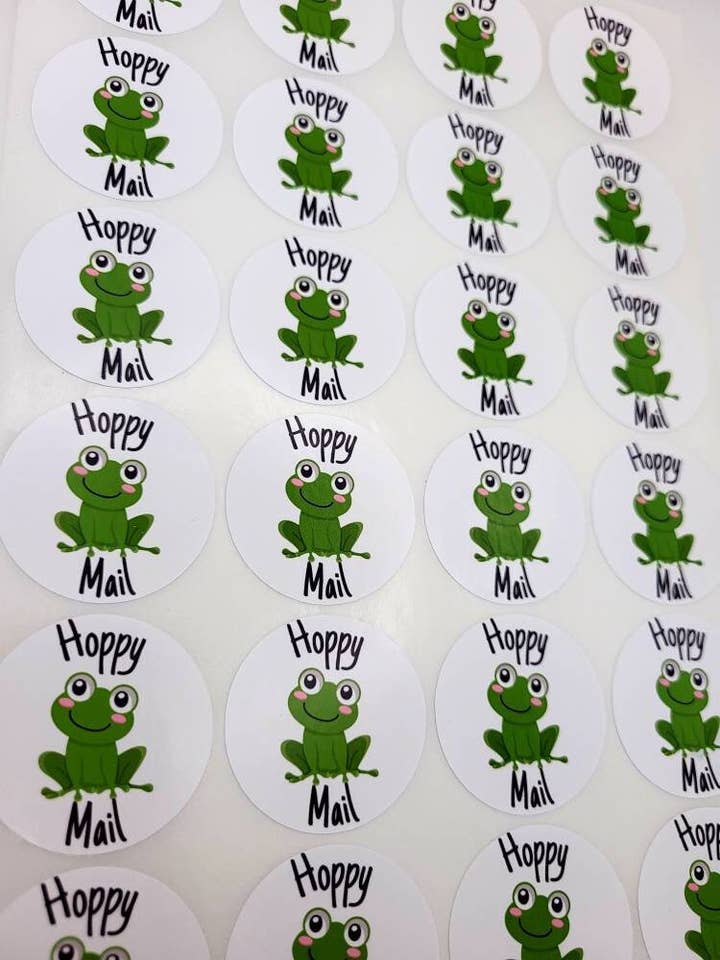 X35 Punny Packaging Stickers, Frog Happy Mail for wholesale by The Sticker Scene