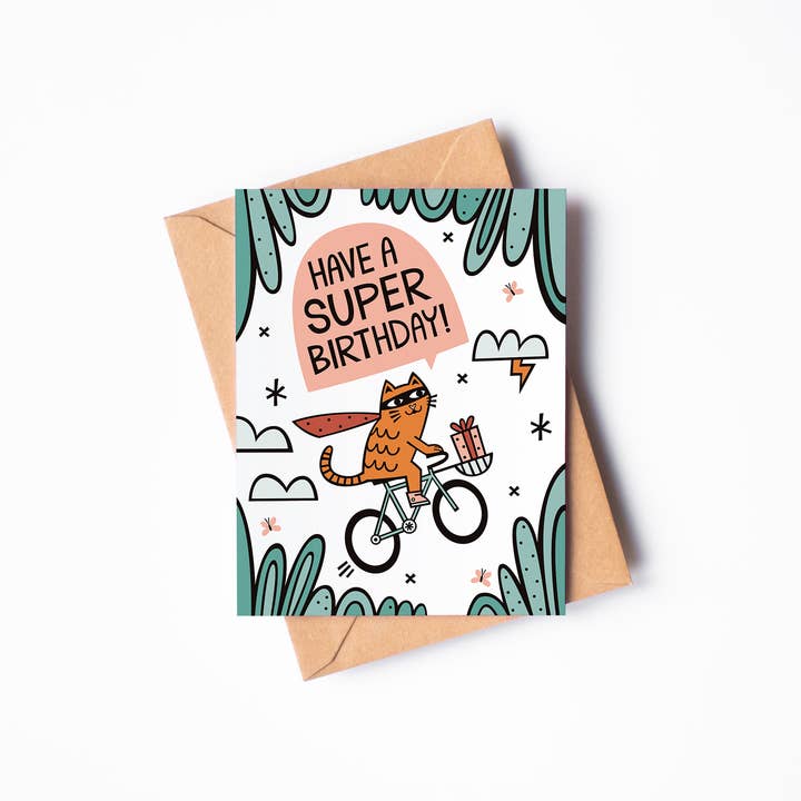 Super Cat Birthday Card for wholesale by Allie Ogg
