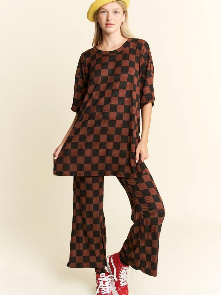JADE BY JANE - Wholesale Lounge Set - Women's - RIBBED CHECKERED PRINT TOP/STRAIGHT LEG PANTS SET