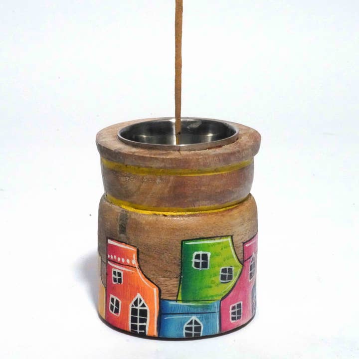 Hand-Painted Wooden Multiuse Burner –Colorful Village Design for wholesale by R. Expo/Song of India
