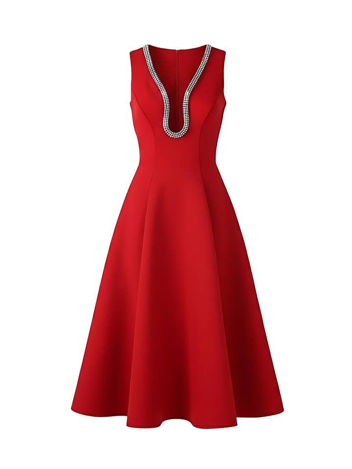 Vestido Rojo con Adornos y Escote en V Profundo – Edición Luxe Midi para venta al por mayor de AVINCI