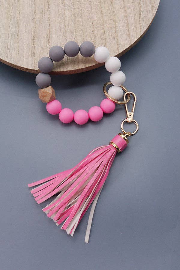JOSSLYN by wall to wall - Wholesale Keychain Bracelet - SOFTEST RUBBERY BEAD TASSEL BRACELET KEY HOLDER | 40KC10314