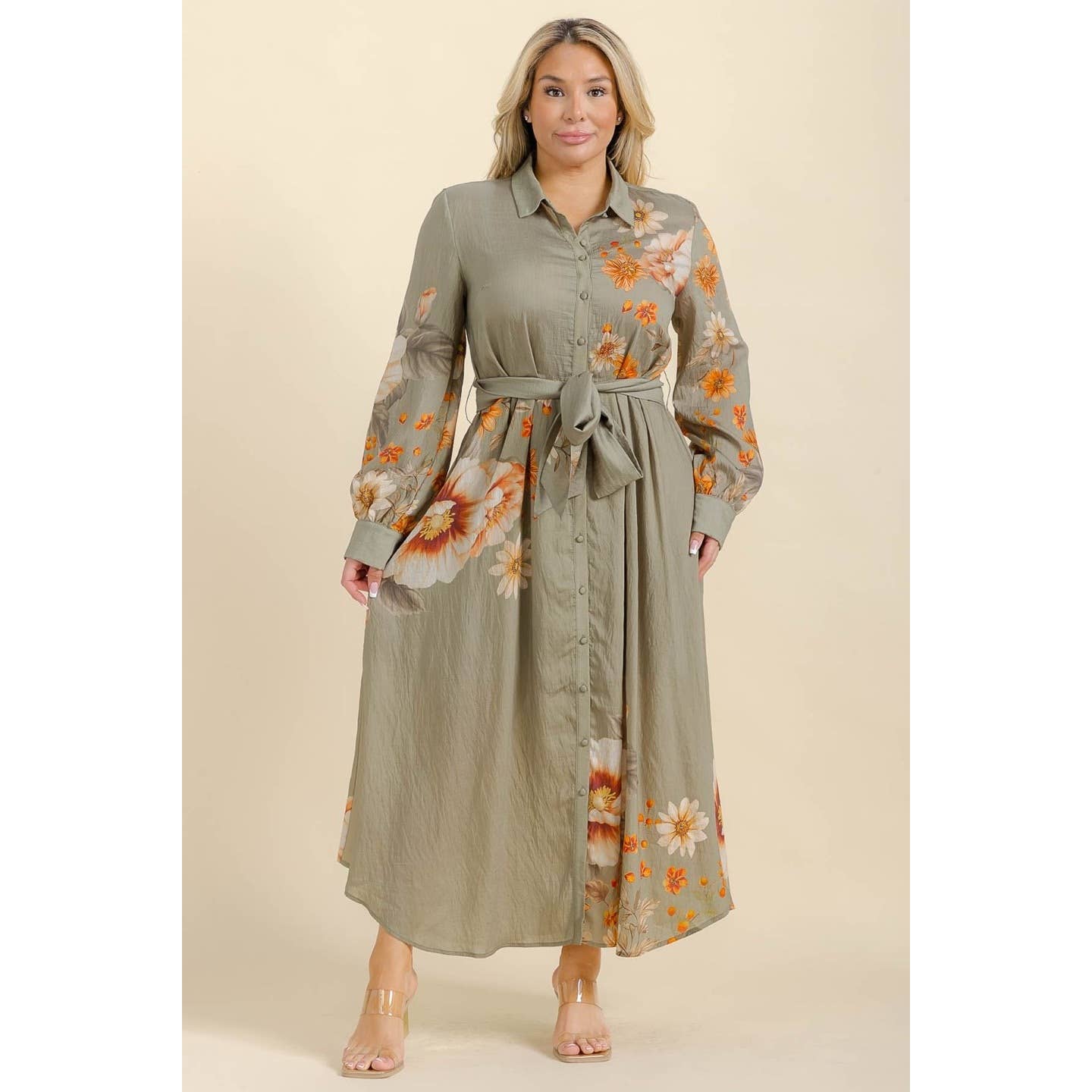 Curve Market - Wholesale Dress - Women's - PLUS SIZE TENCEL LINEN BLEND FLORAL COLLARED FLARE MAXI SHIR1