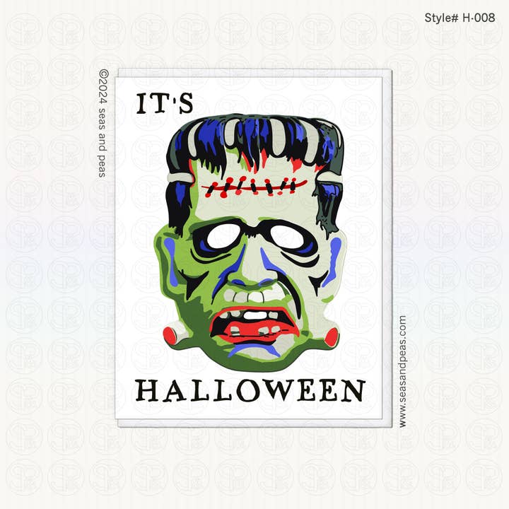 Biglietto di Halloween con maschera da mostro di Frankenstein per la vendita all'ingrosso da parte di Seas and Peas, LLC