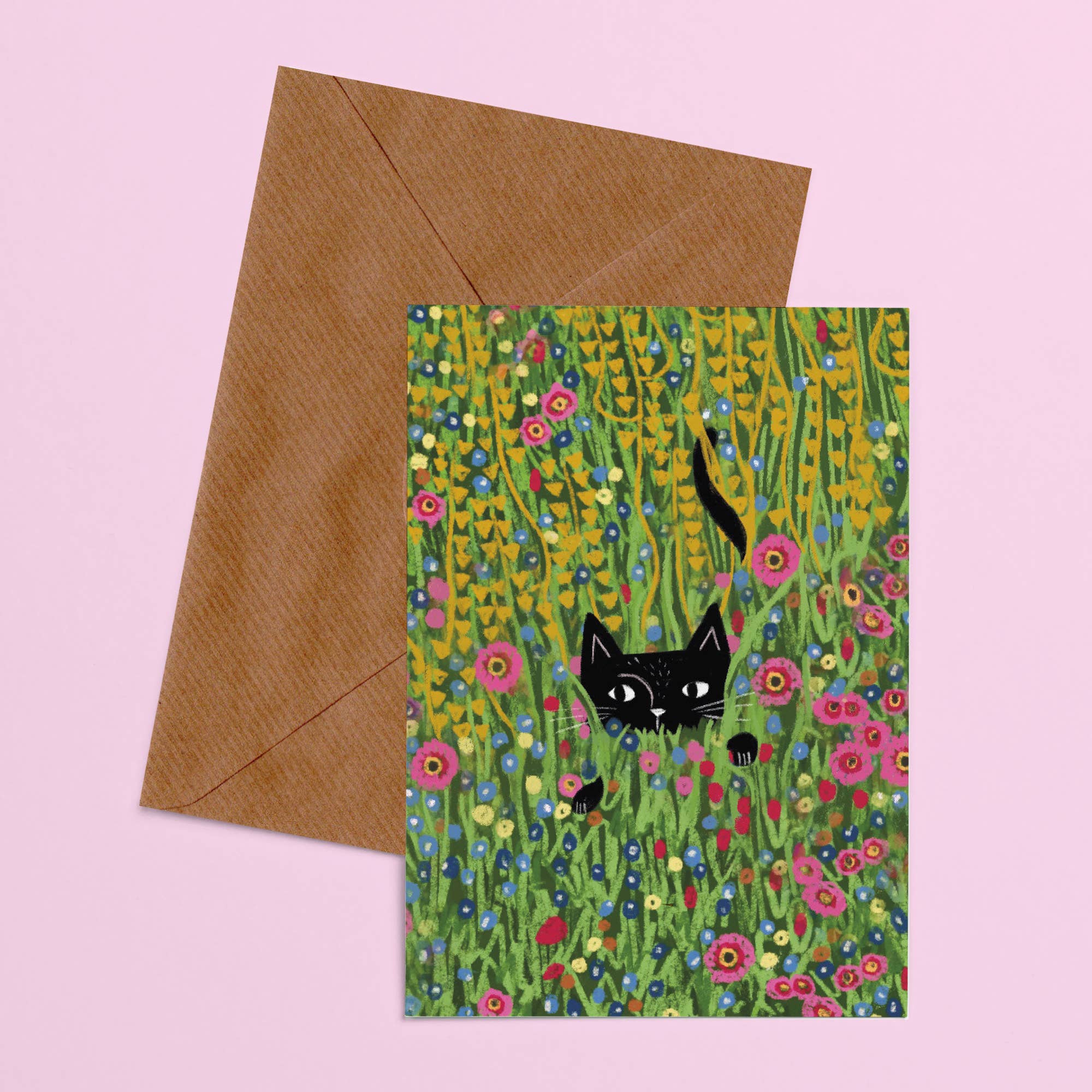 Niaski - Feline Fine Art (USA DUTIES PAID) - Vente Carte de vœux classique - Carte d'art chat "Hiding in the Klimt Garden"2