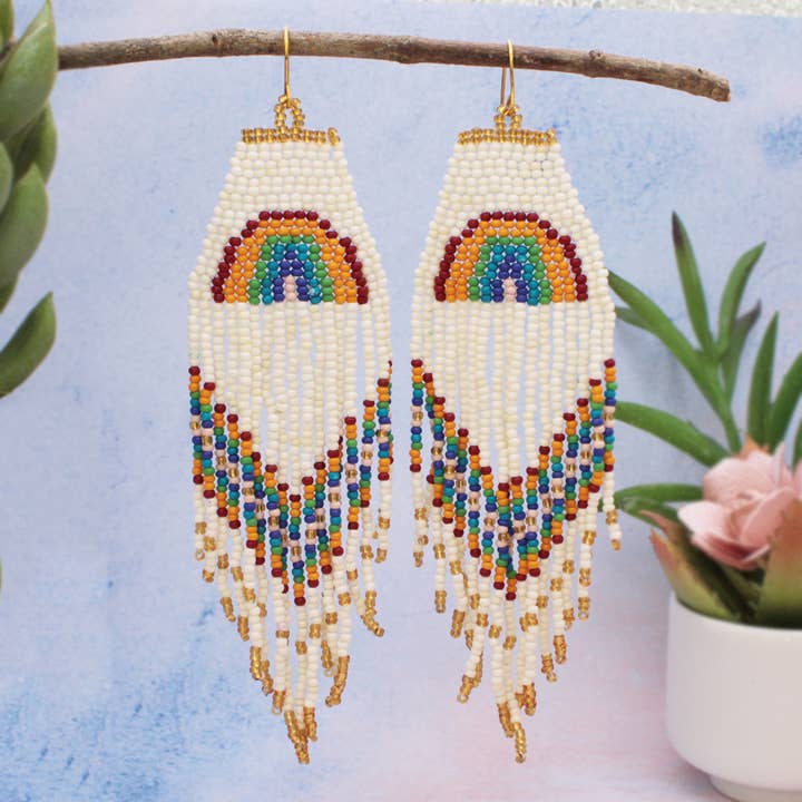 White Rainbow Fringe Beaded Earrings for wholesale by ZAD