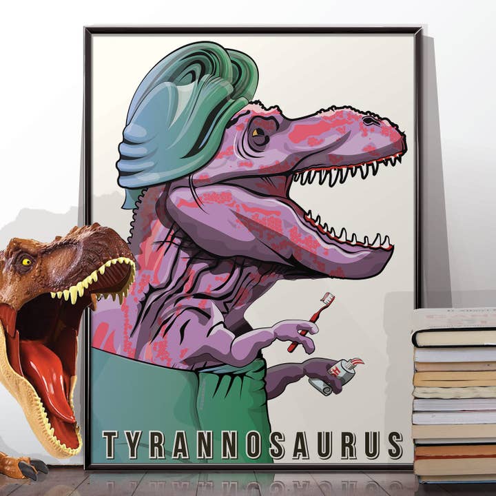 Tyrannosaurus brushing teeth poster for wholesale by In The Washroom