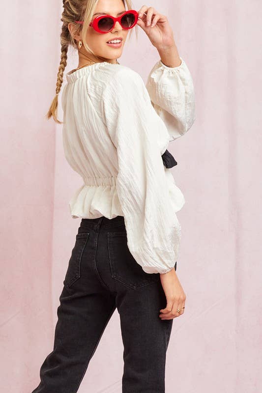 Ivory Poly Contrast Bow Top for wholesale on Faire10