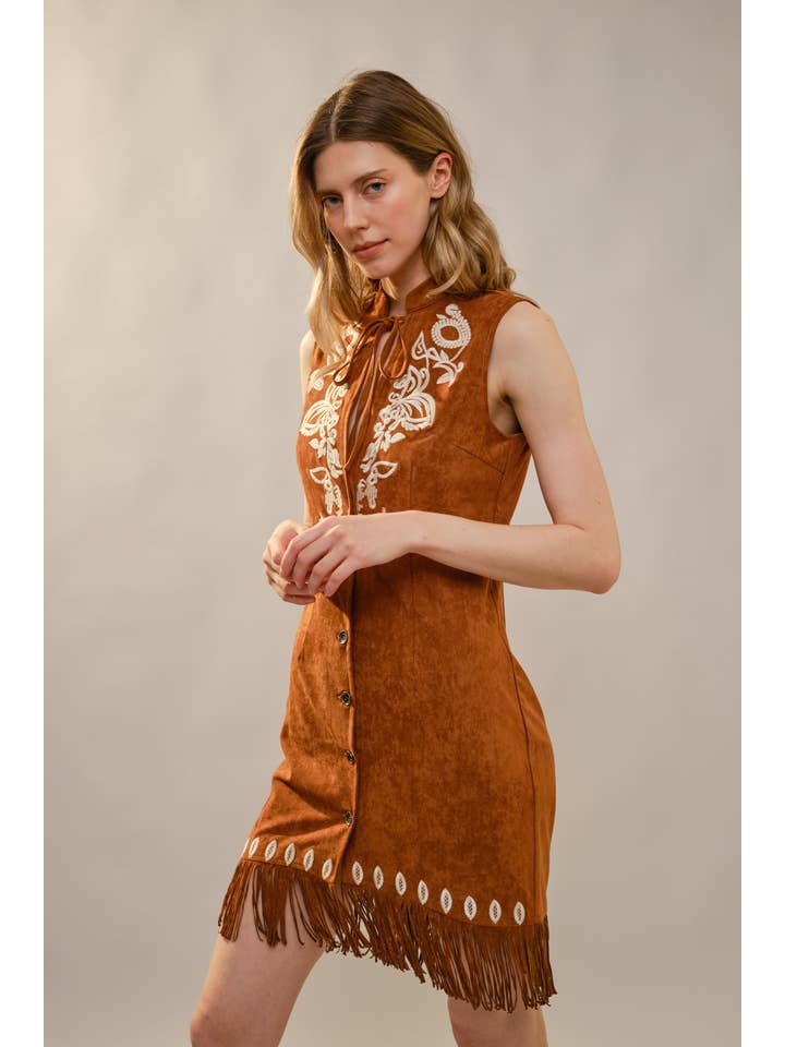 BROWN 99655D Embroidered Suede Fringe Dress for wholesale on Faire1