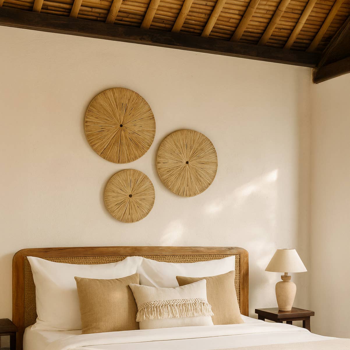 Now's Home - Wholesale Dimensionele/3D-muurkunst - Set van 3 wanddecoraties van natuurlijke raffia D60/50/40 cm MIRI1