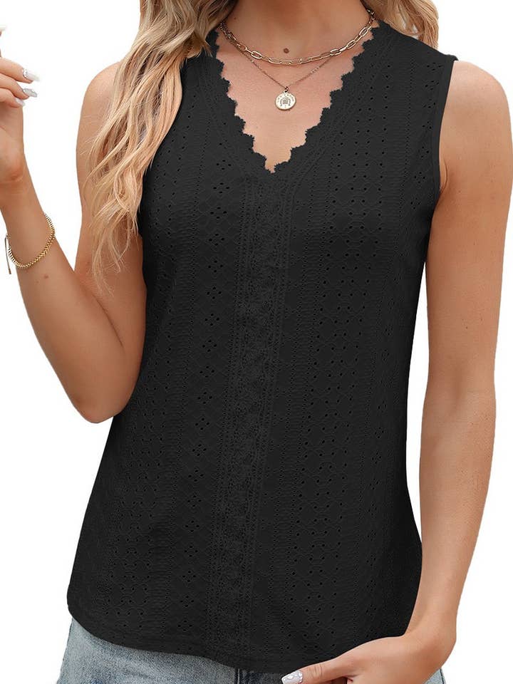 Lily Clothing - Wholesale Blouse - Women's - V NECK LACE SLEEVELESS SOLID COLOR CASUAL VEST_CWTTK0255