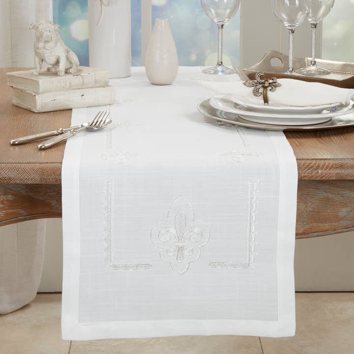Ivory Embroidered Fleur-De-Lis 16"x72" Table Runner for wholesale by Fennco Styles