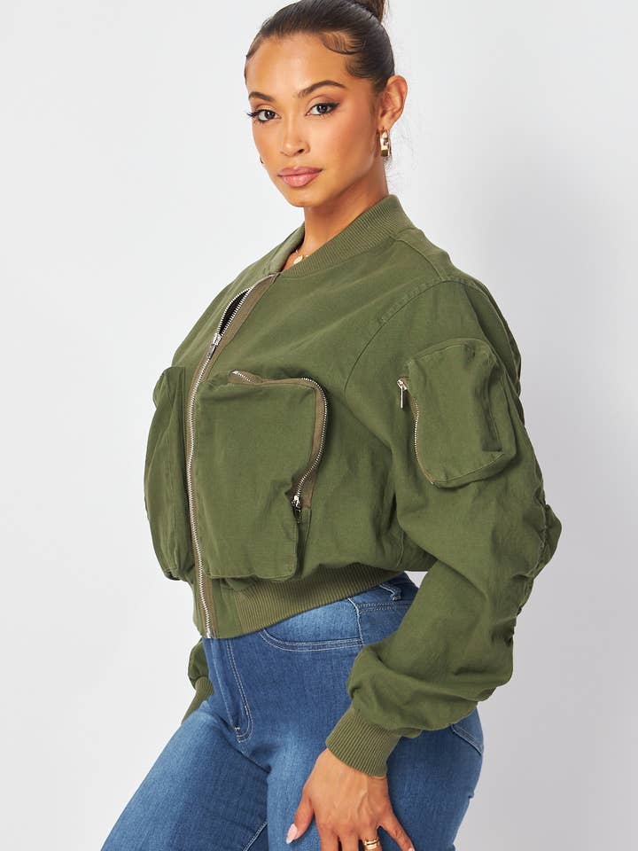 Hot & Delicious - Wholesale Bomber Jacket - Women's - Irene Cargo Pocket Cropped Bomber Jacket (HGJ10318)