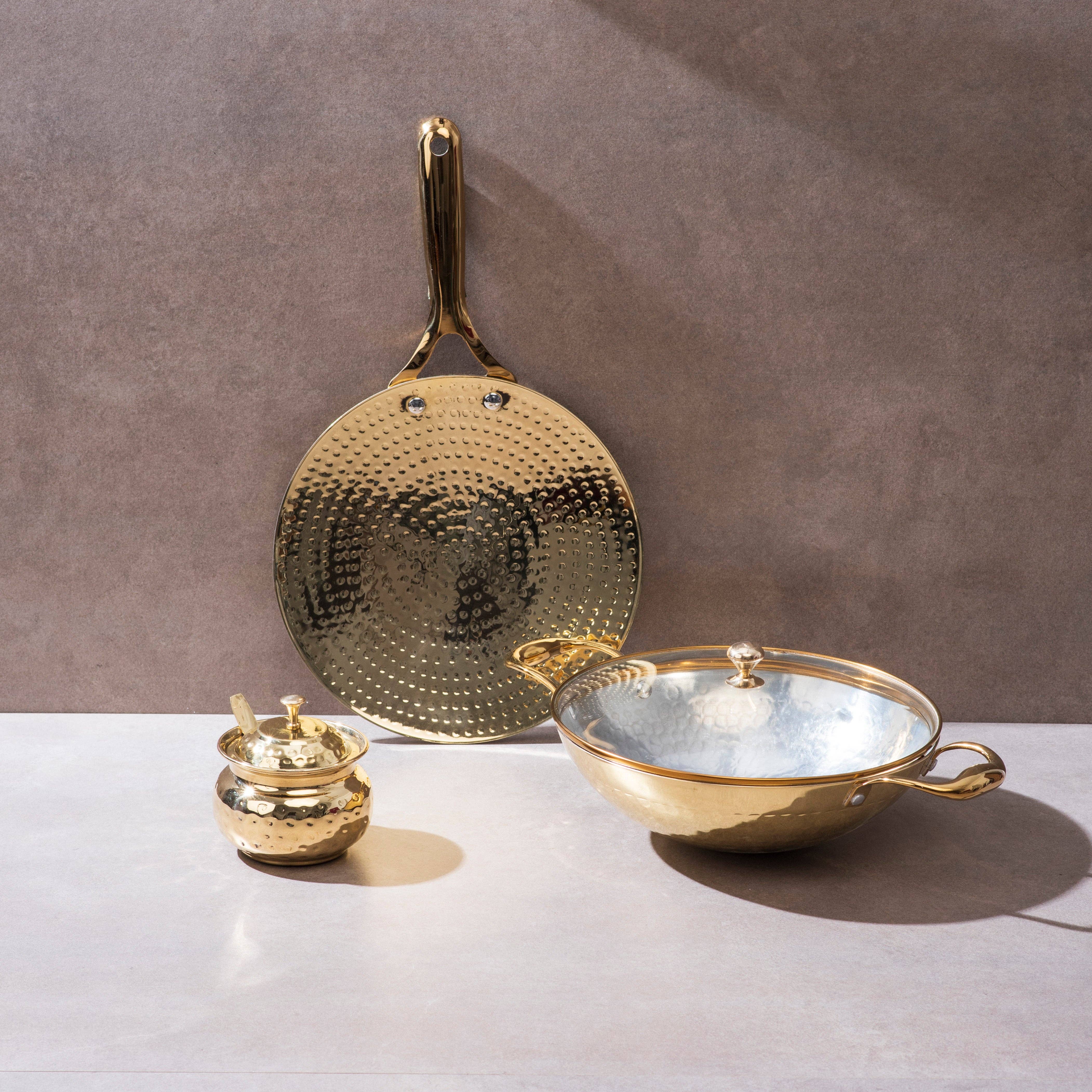 P-TAL – wholesale Cookware set – Brass Essentials Combo Set (Brass Roti Tawa with Insulated handle, Brass Ghee Pot, Brass Kadhai with Insulated handles & Glass lid)0