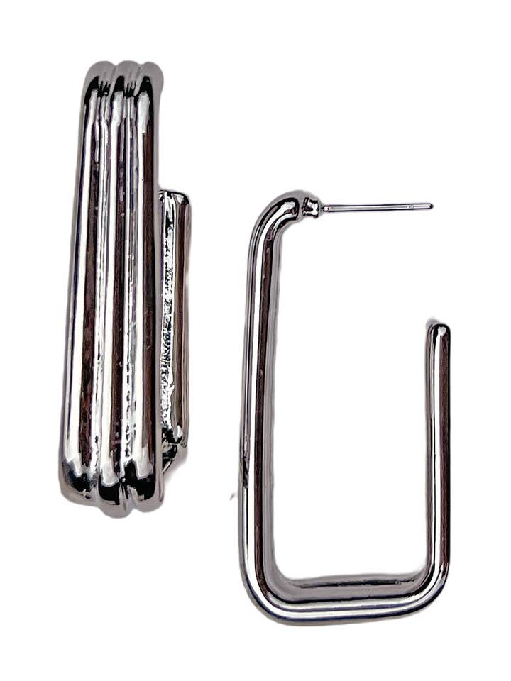 Metal Ribbed Geometric Hoop Earrings - Silver Plated, 1.5” Length for wholesale by 9Design