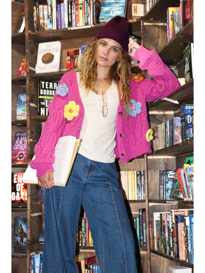 VERY J - Wholesale Cardigan - Women's - 12W3110N-Hand-Made Flower Applique Knit Sweater Cardigan