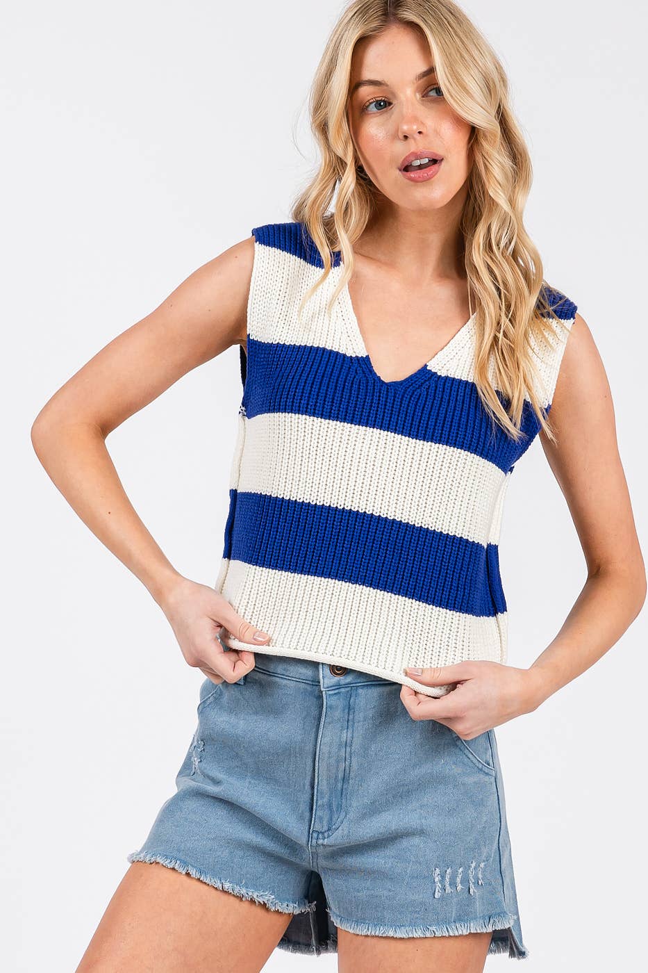 mittoshop - Wholesale Sweater Vest - Women's - STRIPED V-NECK CROPPED SWEATER VEST TOP8