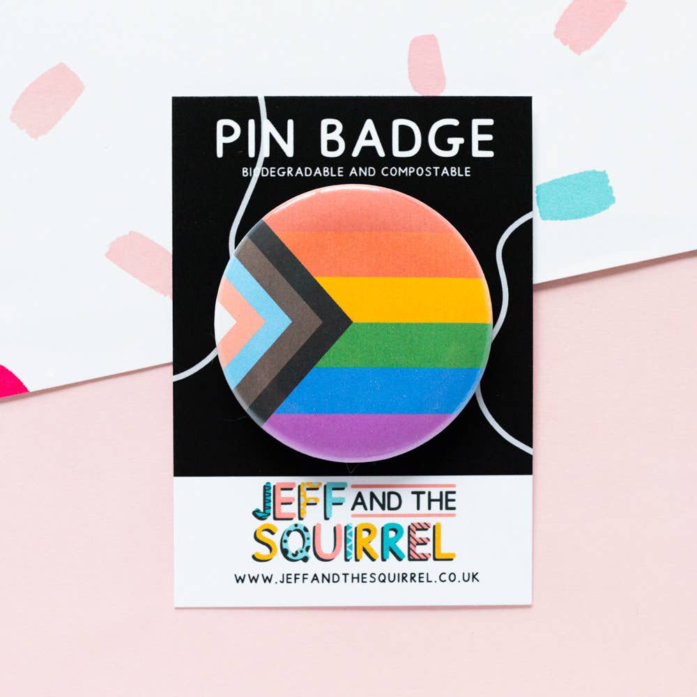Jeff and the Squirrel - Vente Accessoire de badge – femme - Badge biodégradable Progress Gay Pride Flag | LGBTQ+