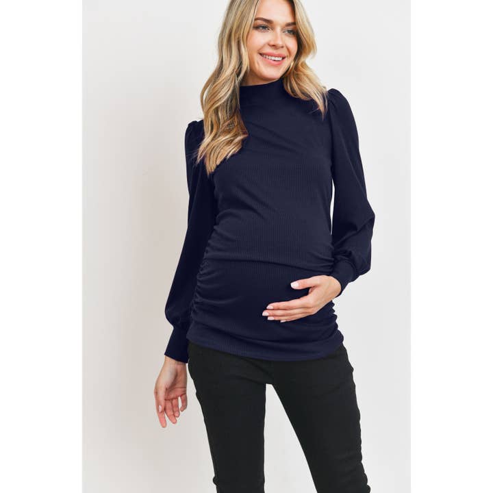 Ribbed Mock Neck Puff Long Sleeve Maternity Top for wholesale by Hello Miz