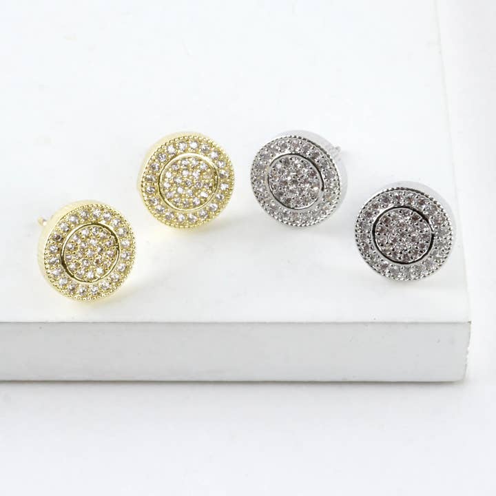 Wild Honey - Wholesale Stud/Post Earrings - Double Circle Textured Pave Crystal Stud Earrings3