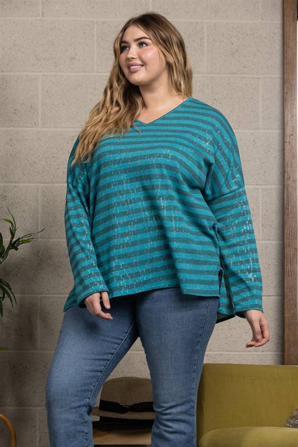 OCEAN BLUE STRIPPED & SPARKLED ALL OVER PLUS SIZE TOP for wholesale on Faire1