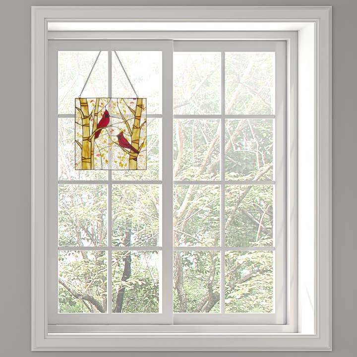 River of Goods - Wholesale Suncatcher - 14"H Eden Red Cardinals in Autumn Stained Glass Window Panel